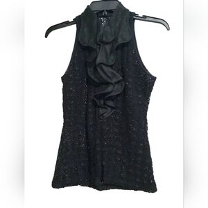 Anne Fontaine Black Crochet Knit Ruffle Blouse Womens Small Sleeveless Zip Up